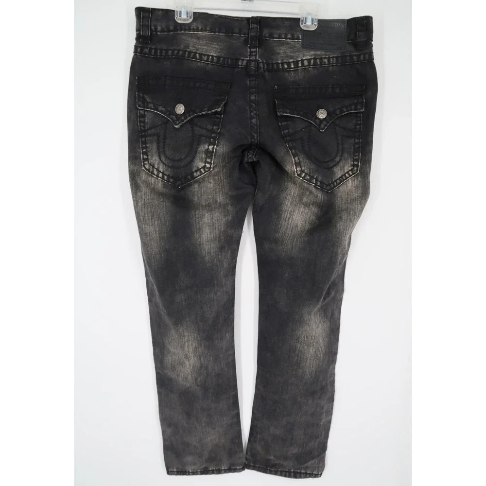 True Religion Mens 38 Black Acid Wash Straight Leg Jeans‎ USA Made Size 38x35
